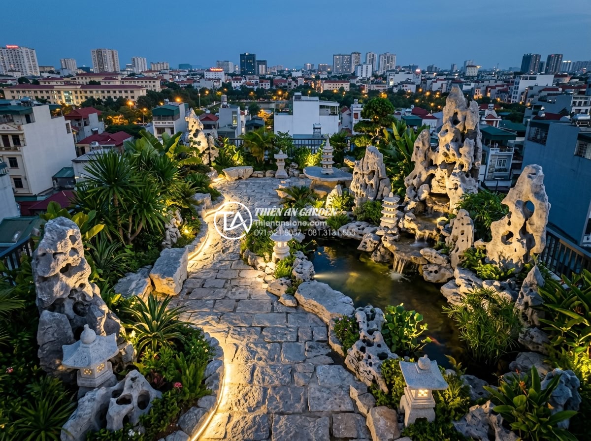So sánh chi phí tự làm và thuê dịch vụ thi công tiểu cảnh sân thượng - Aerial view of a well-designed rooftop garden with carved stone elements, pathwa