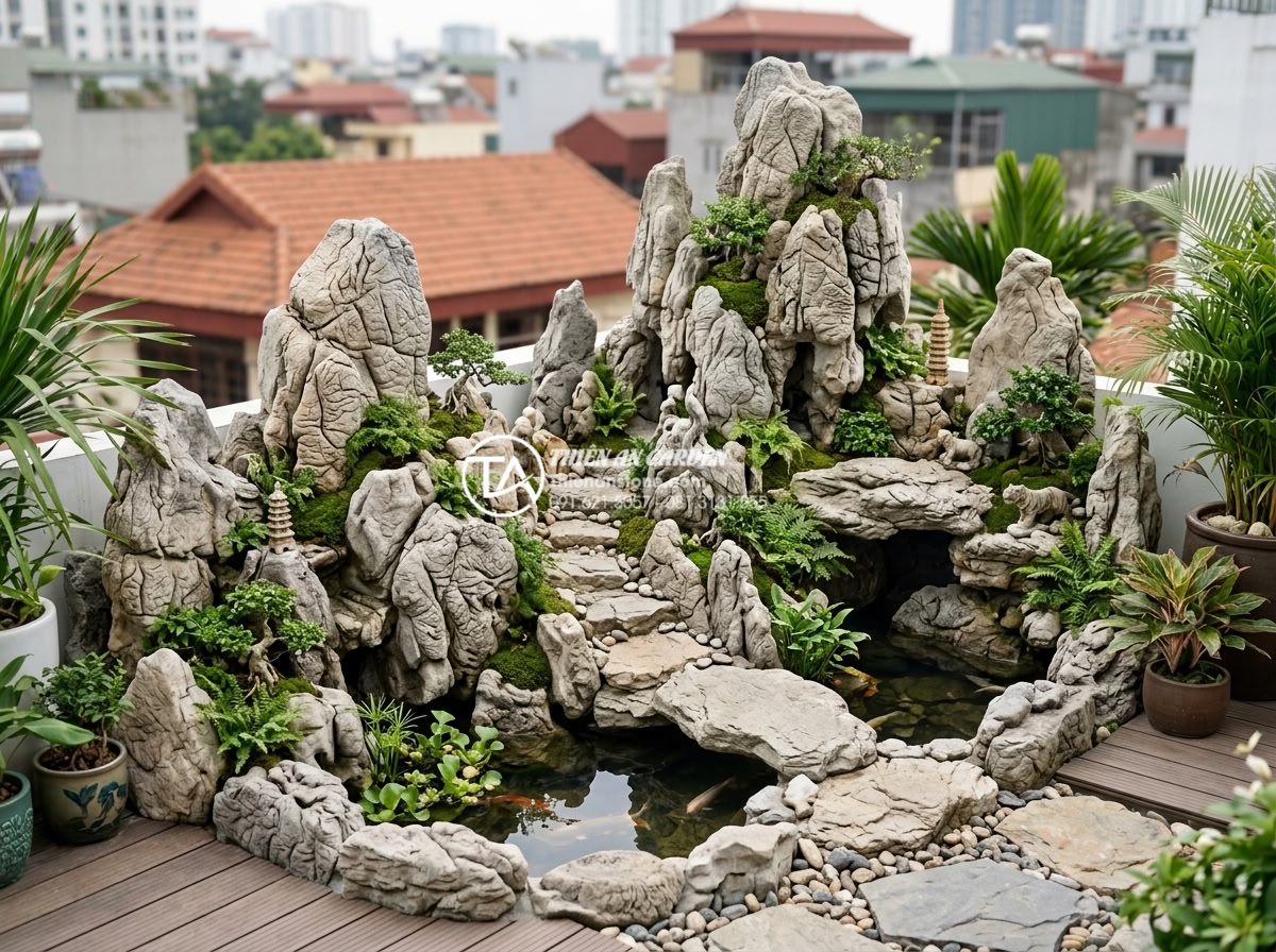 So sánh chi phí tự làm và thuê dịch vụ thi công tiểu cảnh sân thượng - Happy clients inspecting completed rooftop tiểu cảnh by professional company wit
