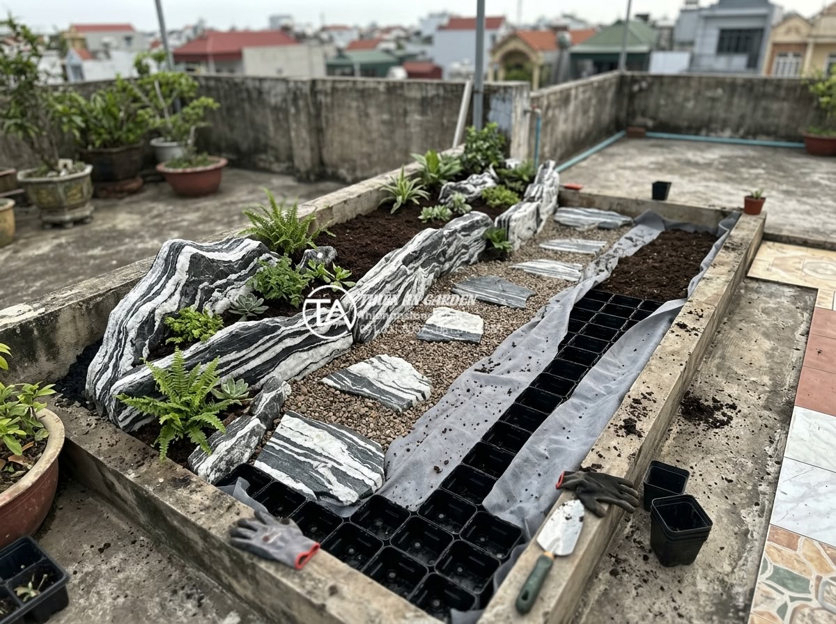So sánh chi phí tự làm và thuê dịch vụ thi công tiểu cảnh sân thượng - Detailed view of a partially completed DIY rooftop landscape project showing sto