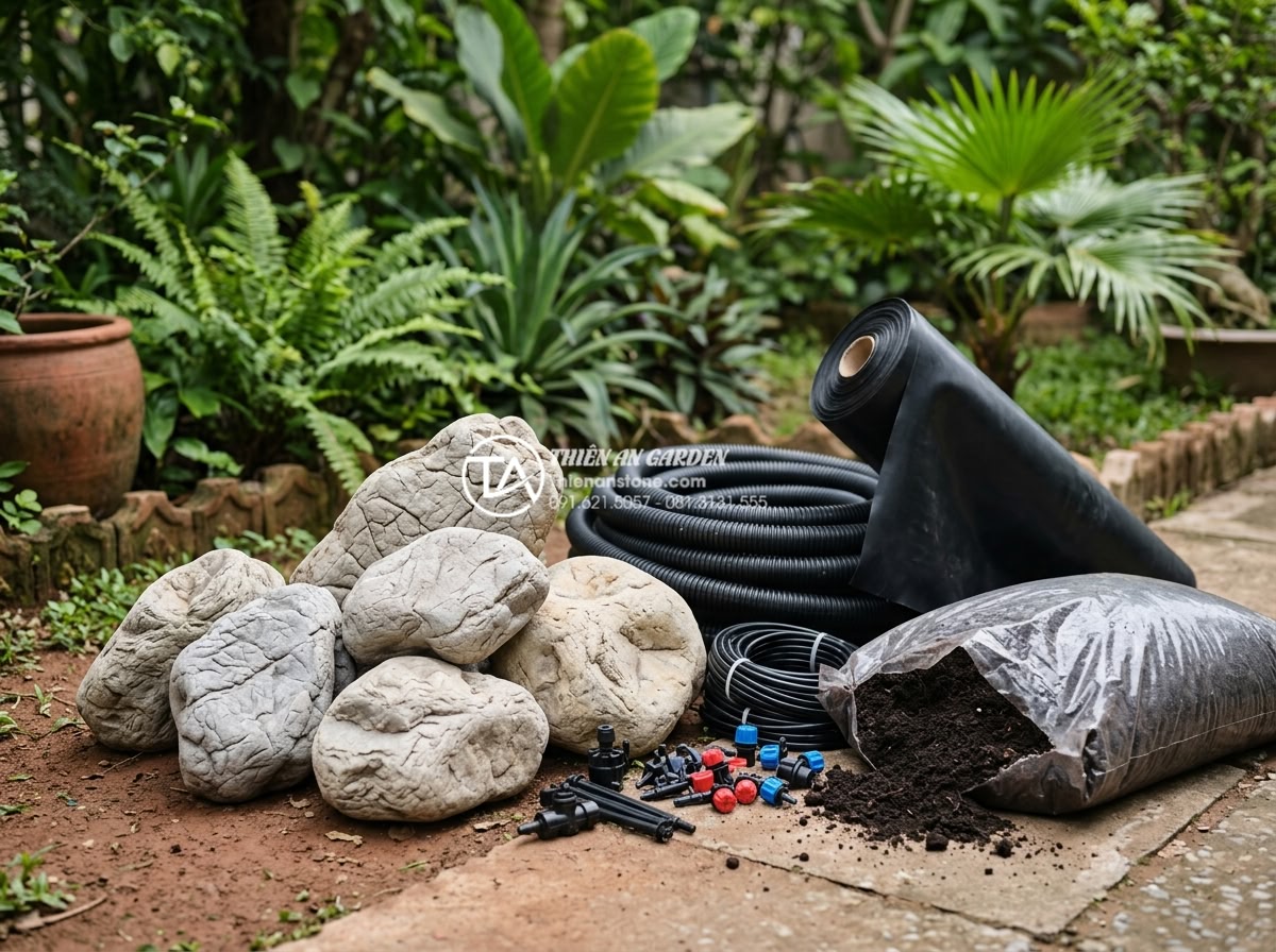 So sánh chi phí tự làm và thuê dịch vụ thi công tiểu cảnh sân thượng - Various garden construction materials displayed: natural stones, drainage pipes,