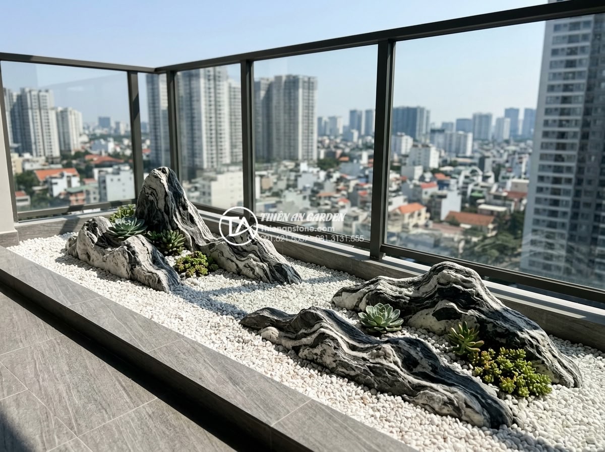 So sánh tiểu cảnh ban công khô và tiểu cảnh nước: Bạn nên chọn loại nào? - Realistic high-resolution image of a modern dry balcony landscape featuring larg