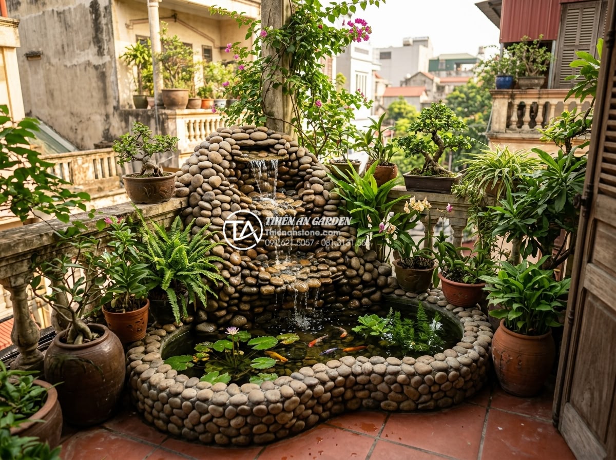 So sánh tiểu cảnh ban công khô và tiểu cảnh nước: Bạn nên chọn loại nào? - Lush mini water feature balcony with cascading waterfall over natural stones, sm