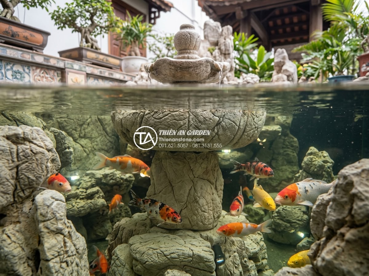 So sánh tiểu cảnh ban công khô và tiểu cảnh nước: Bạn nên chọn loại nào? - Underwater view of stone fountain in balcony water landscape with koi fish and L
