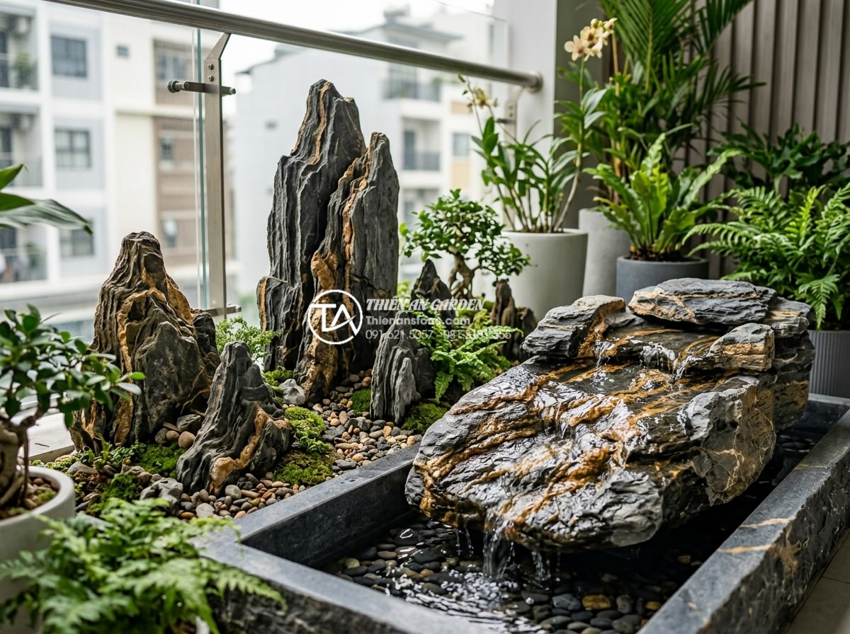 So sánh tiểu cảnh ban công khô và tiểu cảnh nước: Bạn nên chọn loại nào? - Handcrafted stone art pieces integrated into modern balcony water and dry featur