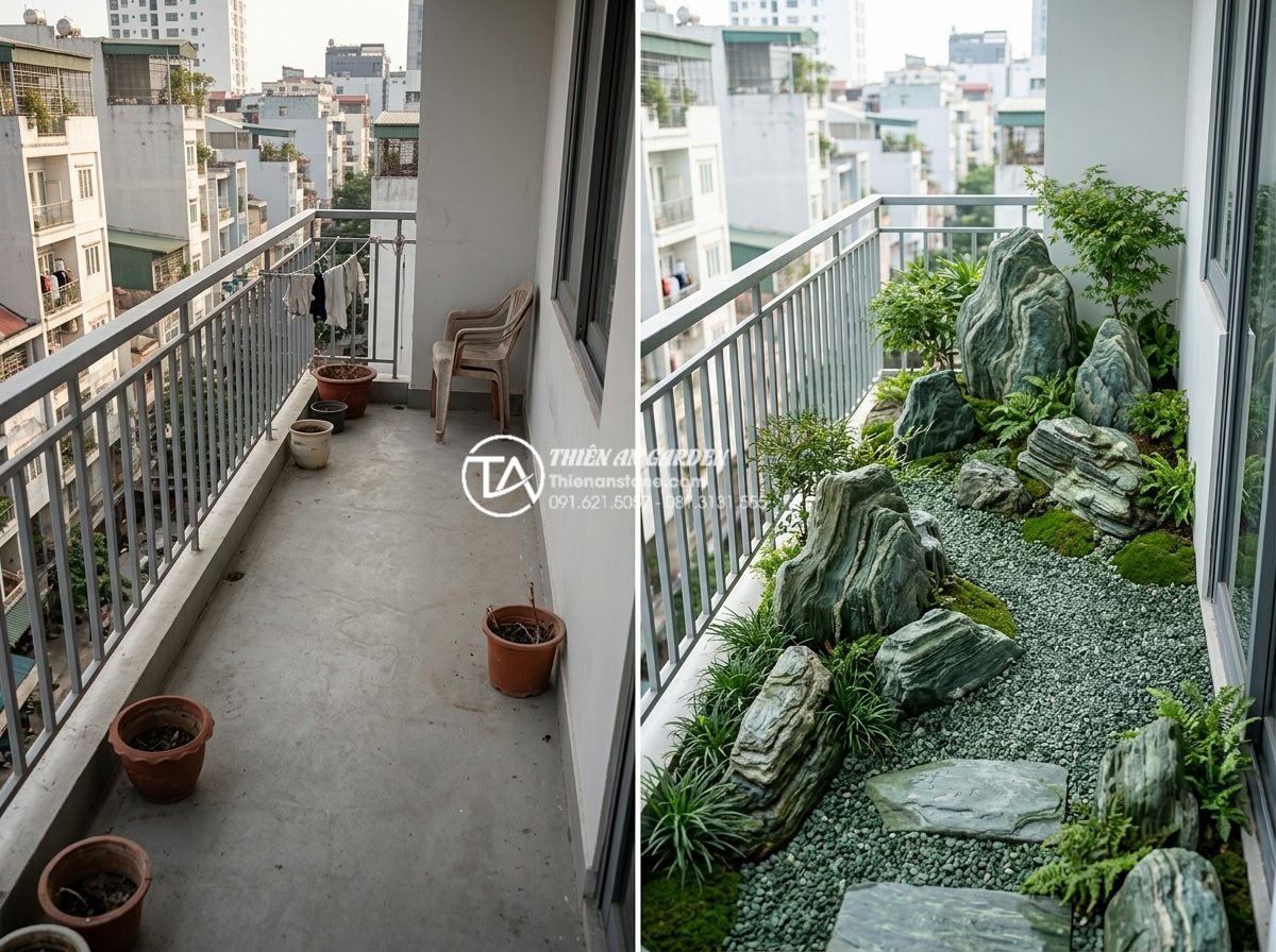 So sánh tiểu cảnh ban công khô và tiểu cảnh nước: Bạn nên chọn loại nào? - Real apartment balcony before and after landscape transformation examples with s