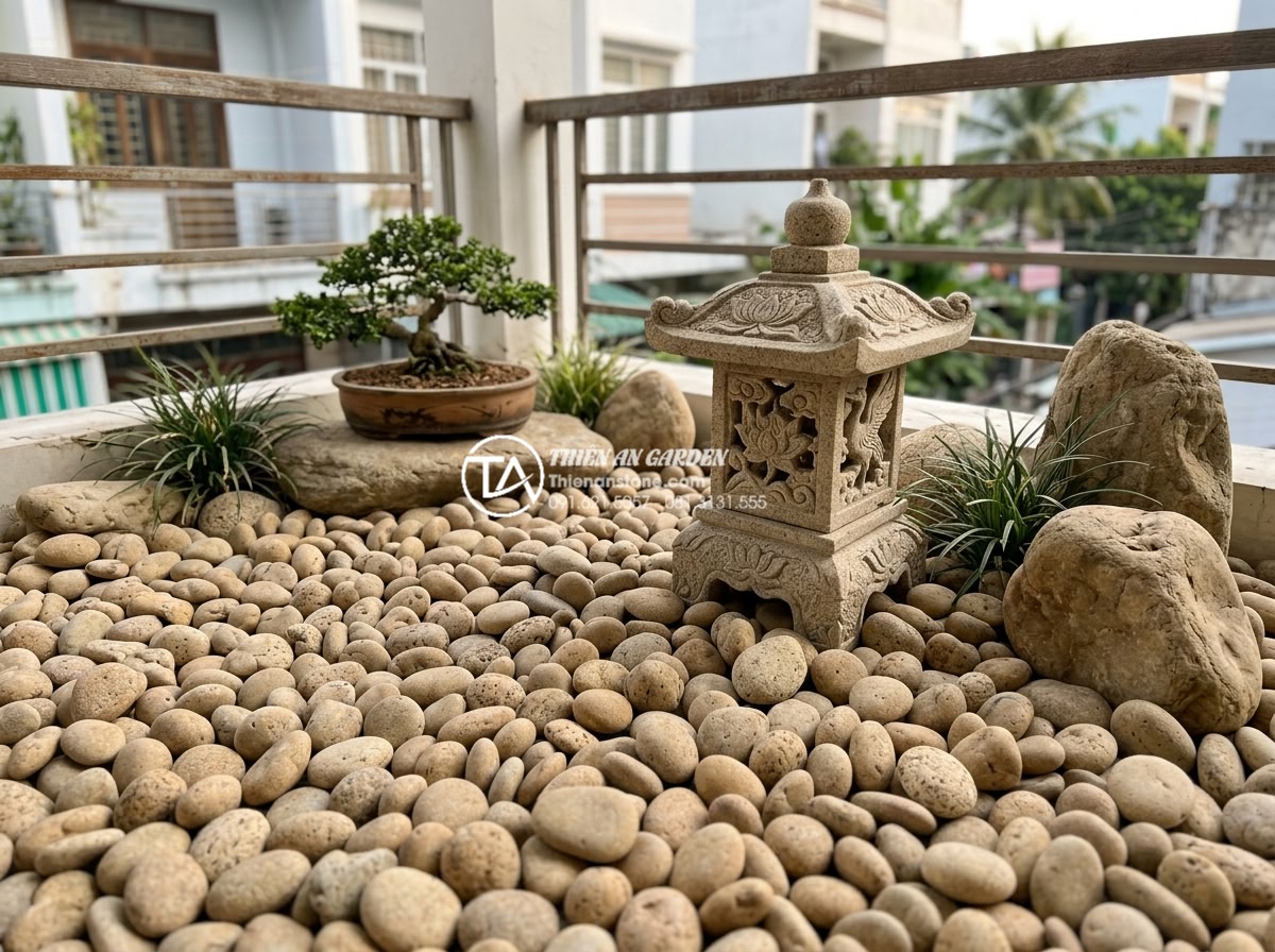 So sánh tiểu cảnh ban công khô và tiểu cảnh nước: Bạn nên chọn loại nào? - Finished dry balcony garden with intricate stone carvings and minimalist layout