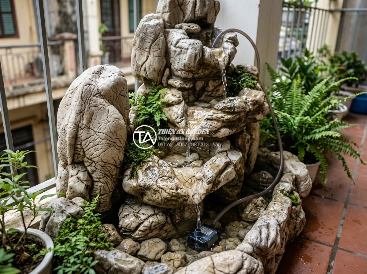 So sánh tiểu cảnh ban công khô và tiểu cảnh nước: Bạn nên chọn loại nào? - Detailed construction of mini waterfall on balcony using carved natural stones a