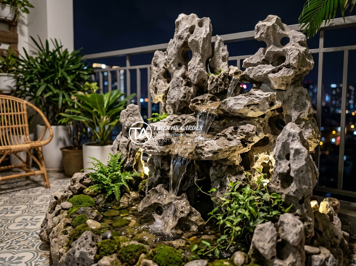 So sánh tiểu cảnh ban công khô và tiểu cảnh nước: Bạn nên chọn loại nào? - Completed mini balcony waterfall feature with flowing water over premium stone t