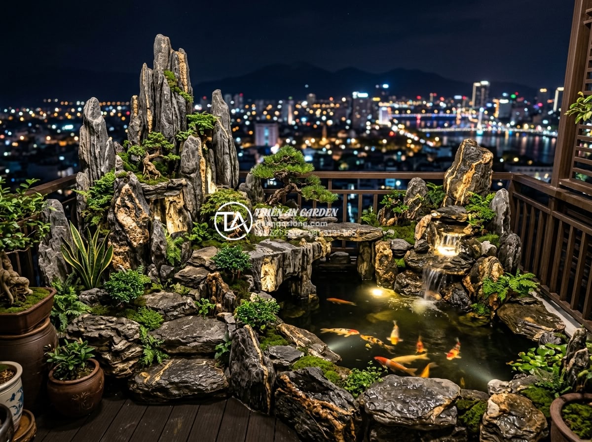 So sánh tiểu cảnh ban công khô và tiểu cảnh nước: Bạn nên chọn loại nào? - Stunning night view of illuminated dry and water balcony landscapes with embedde