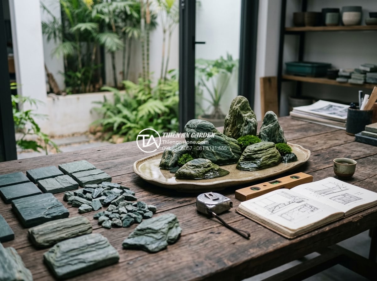 So sánh tiểu cảnh ban công khô và tiểu cảnh nước: Bạn nên chọn loại nào? - Expert consultation scene with natural stone samples for dry and water balcony d