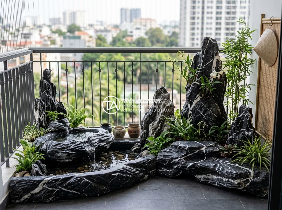 So sánh tiểu cảnh ban công khô và tiểu cảnh nước: Bạn nên chọn loại nào? - Happy family enjoying their newly installed stone balcony landscape featuring bo