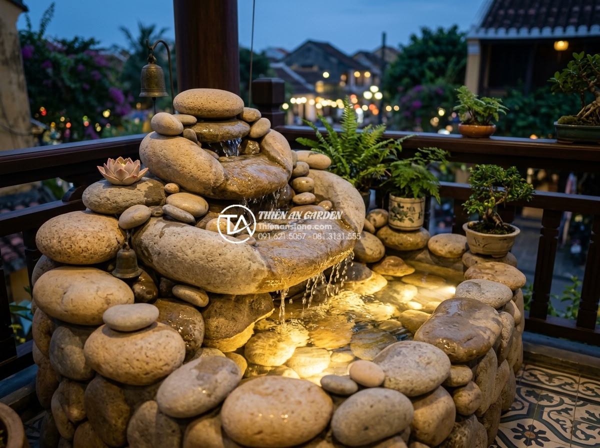 So sánh tiểu cảnh ban công khô và tiểu cảnh nước: Bạn nên chọn loại nào? - Close-up artistic shot of carved stone fountain and water cascade on balcony usi