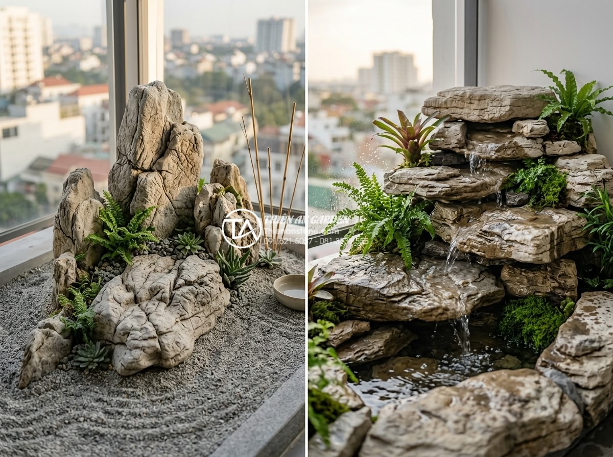 So sánh tiểu cảnh ban công khô và tiểu cảnh nước: Bạn nên chọn loại nào? - Side-by-side comparison realistic render of dry stone zen balcony garden versus 