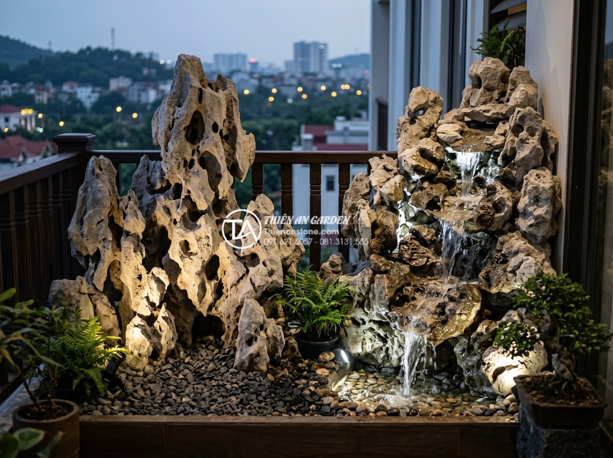 So sánh tiểu cảnh ban công khô và tiểu cảnh nước: Bạn nên chọn loại nào? - Elegant evening view contrasting dry rock landscape and flowing water cascade on
