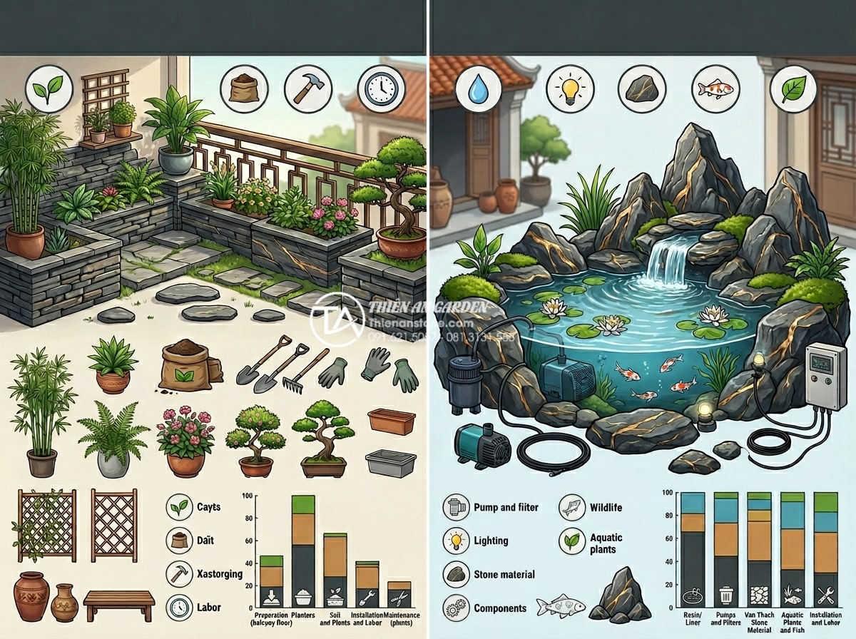 So sánh tiểu cảnh ban công khô và tiểu cảnh nước: Bạn nên chọn loại nào? - Detailed cost breakdown infographic style image showing budget comparison betwee