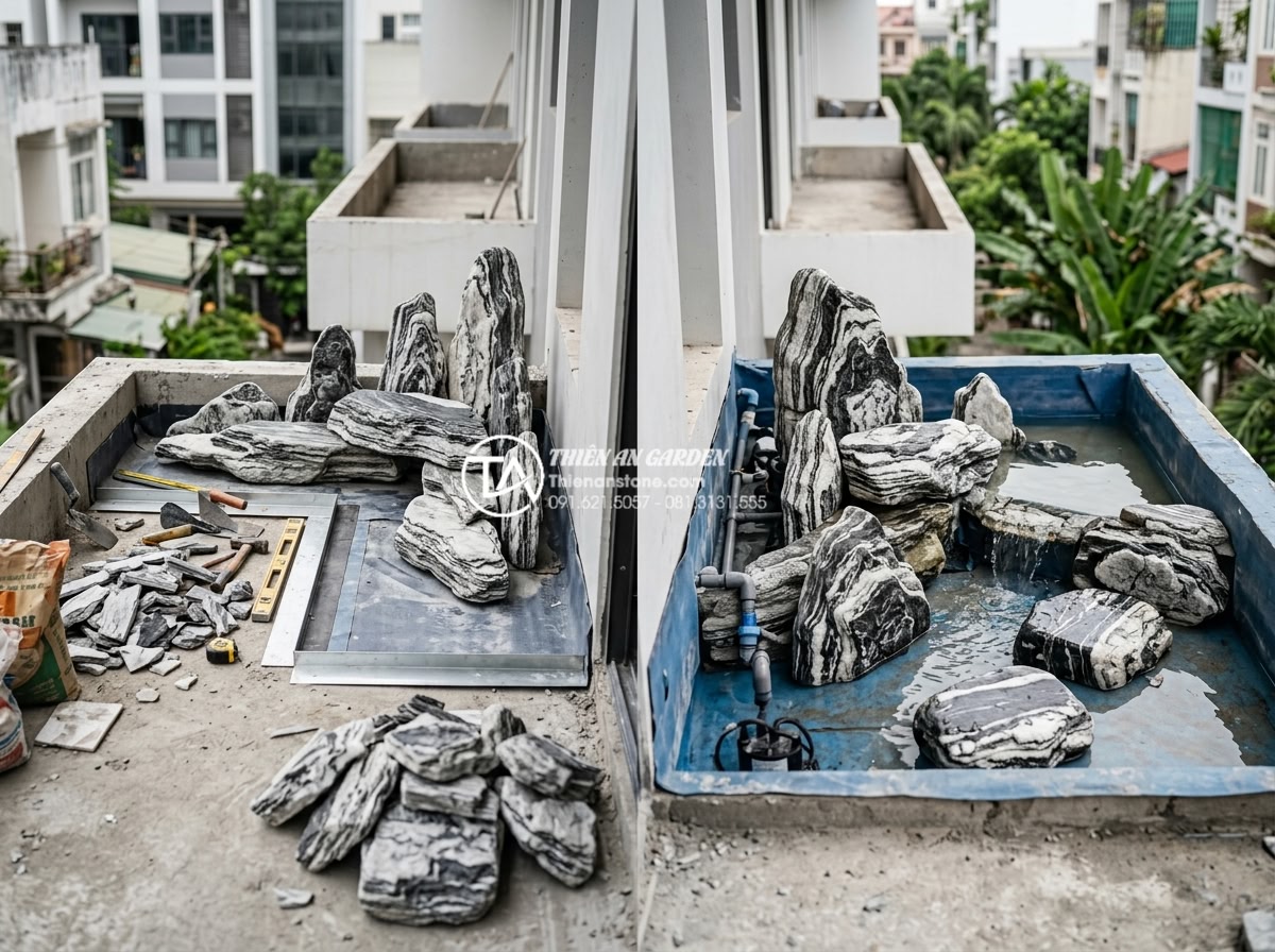 So sánh tiểu cảnh ban công khô và tiểu cảnh nước: Bạn nên chọn loại nào? - Professional construction site photo comparing installation process of dry vs wa