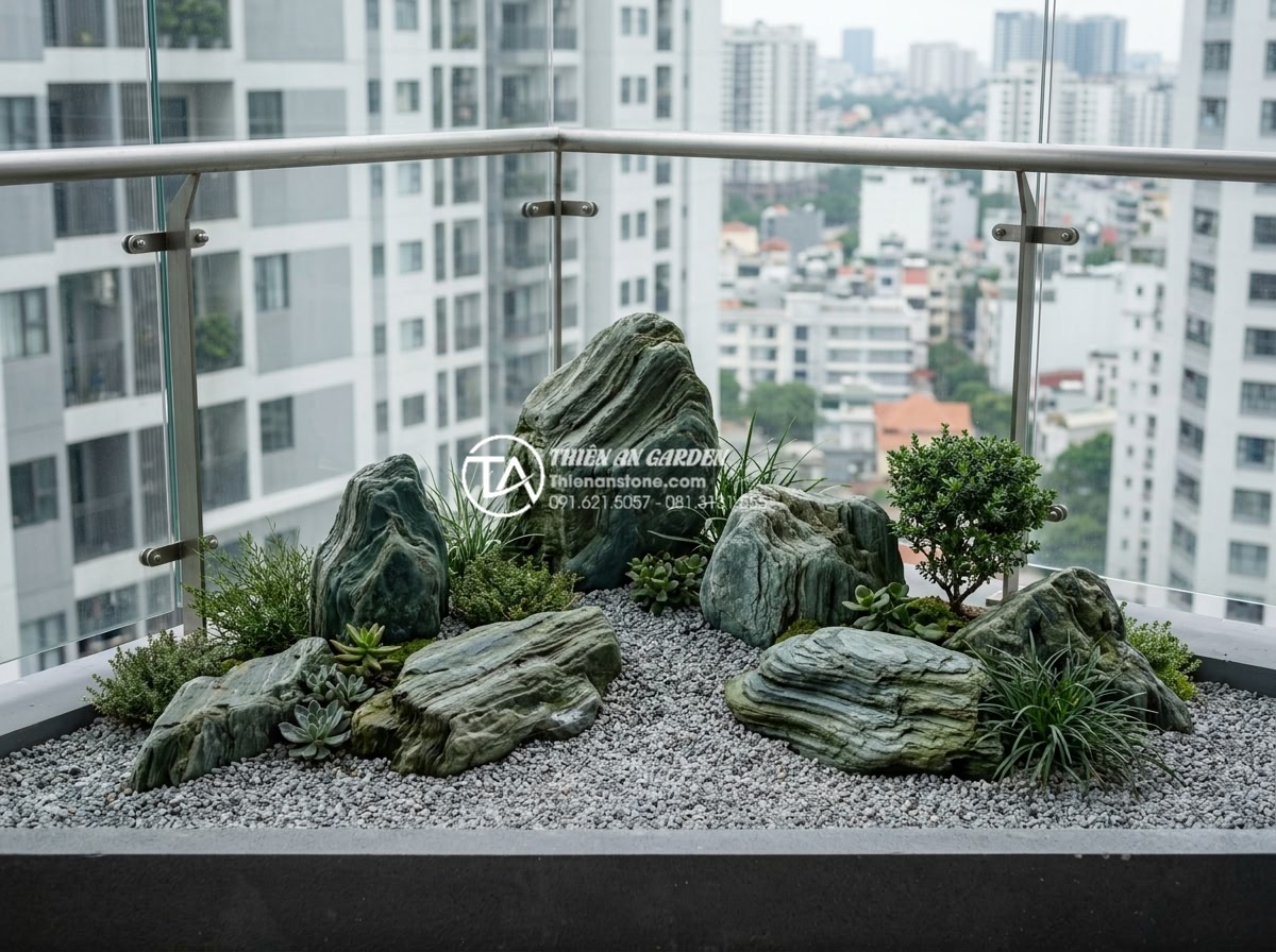 So sánh tiểu cảnh ban công khô và tiểu cảnh nước: Bạn nên chọn loại nào? - Beautiful minimalist dry balcony garden with natural stones, gravel, and drought
