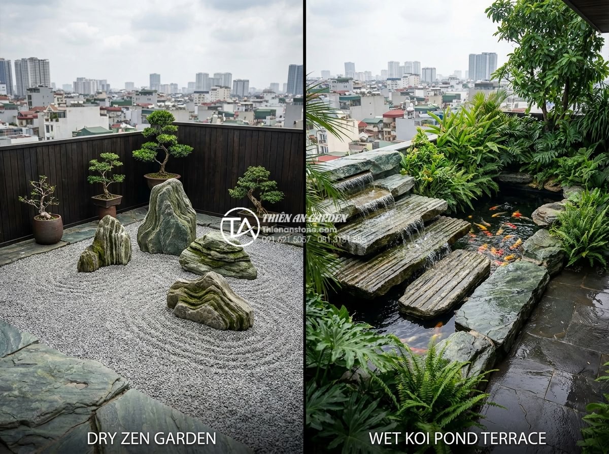So sánh tiểu cảnh sân thượng khô và ướt: Lựa chọn nào tối ưu cho nhà bạn? - Side-by-side comparison of dry Zen-style rooftop rock garden versus wet koi pond