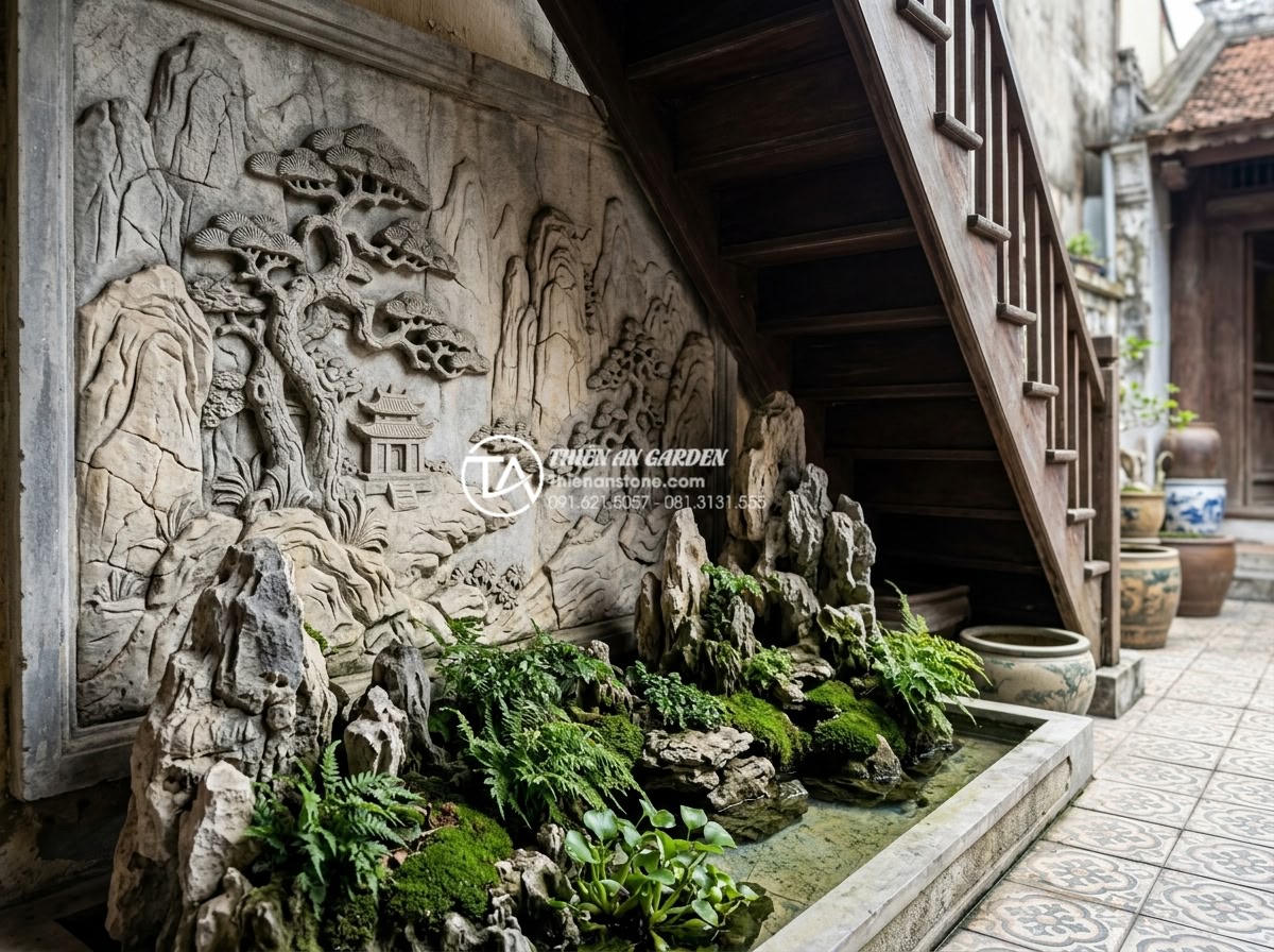 Sự kết hợp hoàn hảo giữa tranh đá ốp tường và tiểu cảnh gầm cầu thang - Long-term preserved elegant stone mural and garden scene under stairs demonstrat