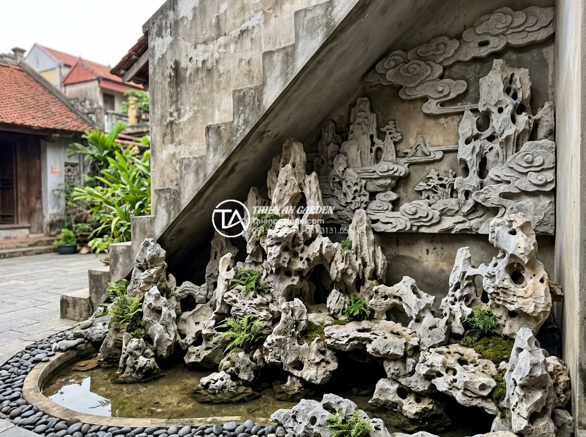 Sự kết hợp hoàn hảo giữa tranh đá ốp tường và tiểu cảnh gầm cầu thang - Professional team at Da Canh Thien An working on stone mural and under-stair lan