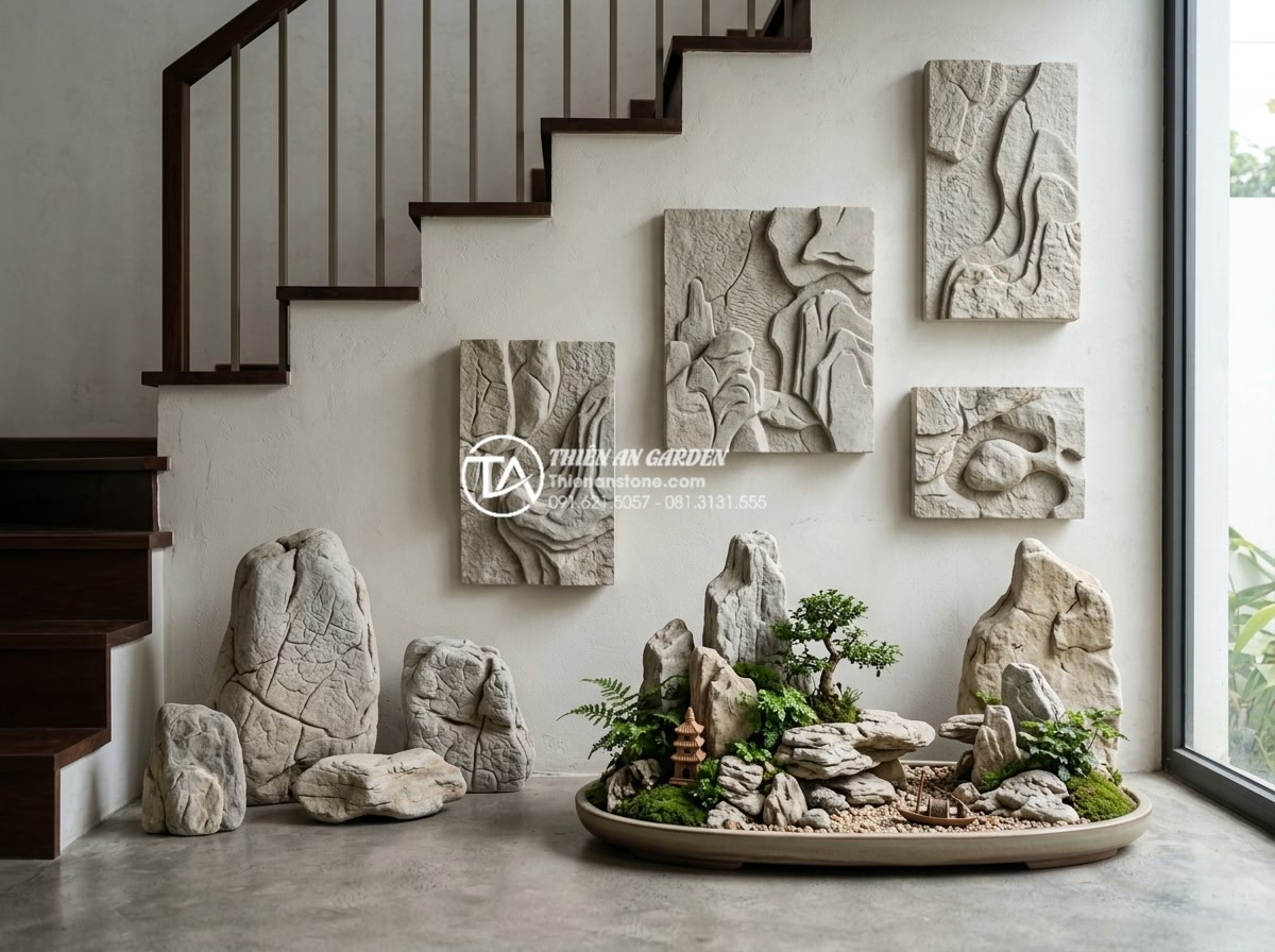 Sự kết hợp hoàn hảo giữa tranh đá ốp tường và tiểu cảnh gầm cầu thang - Professional display of premium natural stones carved into art pieces suitable f