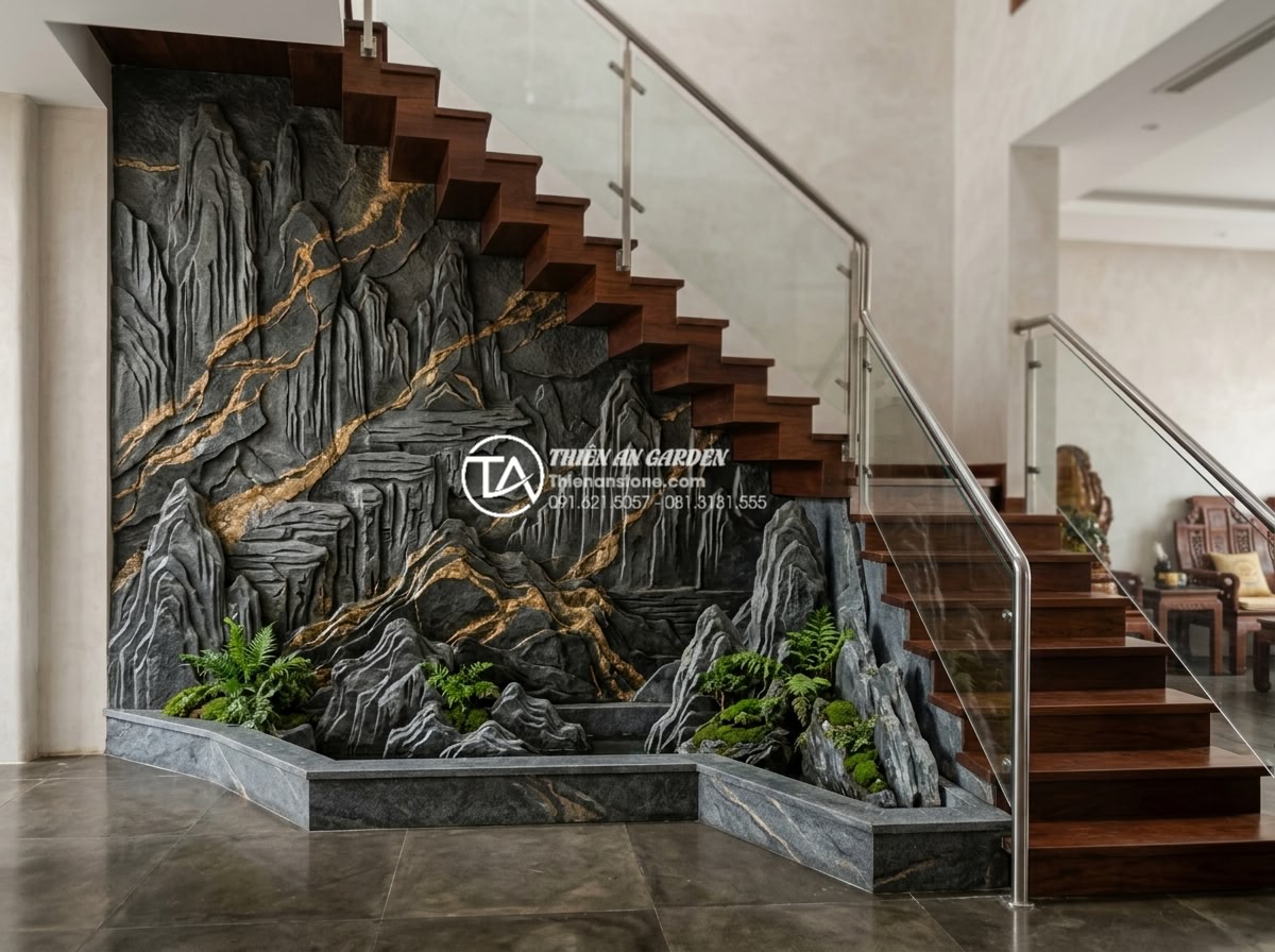 Sự kết hợp hoàn hảo giữa tranh đá ốp tường và tiểu cảnh gầm cầu thang - Innovative 3D stone carving wall art ideas integrated with under-stair decorativ