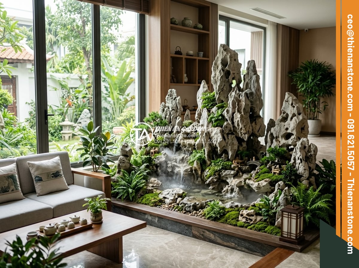 Tác dụng của tiểu cảnh đá tự nhiên trong việc điều hòa ion âm cho không gian nhà - Photorealistic wide shot of a modern Vietnamese living room featuring an elegant