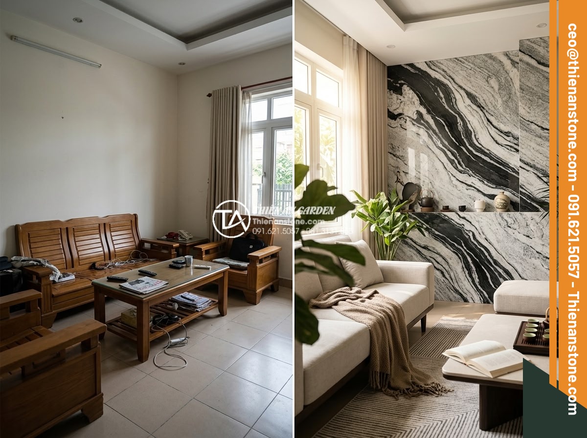 Tác dụng của tiểu cảnh đá tự nhiên trong việc điều hòa ion âm cho không gian nhà - Professional before-and-after project photography from Đá Cảnh Thiên An showing 