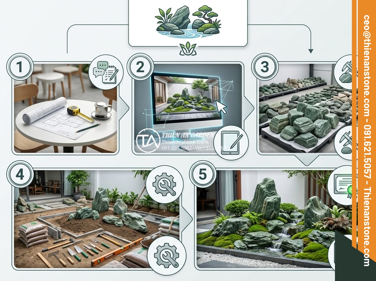 Tác dụng của tiểu cảnh đá tự nhiên trong việc điều hòa ion âm cho không gian nhà - Step-by-step professional infographic detailing the complete process of natural 