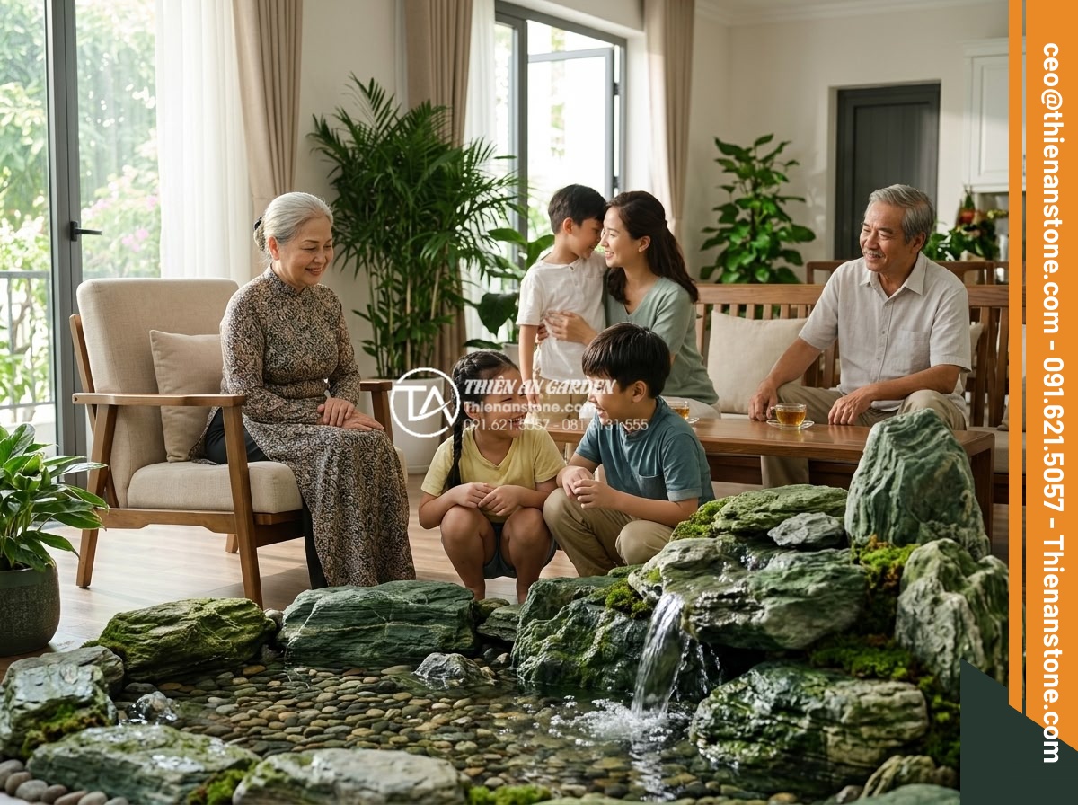 Tác dụng của tiểu cảnh đá tự nhiên trong việc điều hòa ion âm cho không gian nhà - Warm lifestyle photograph of a happy multi-generational Vietnamese family enjoyi