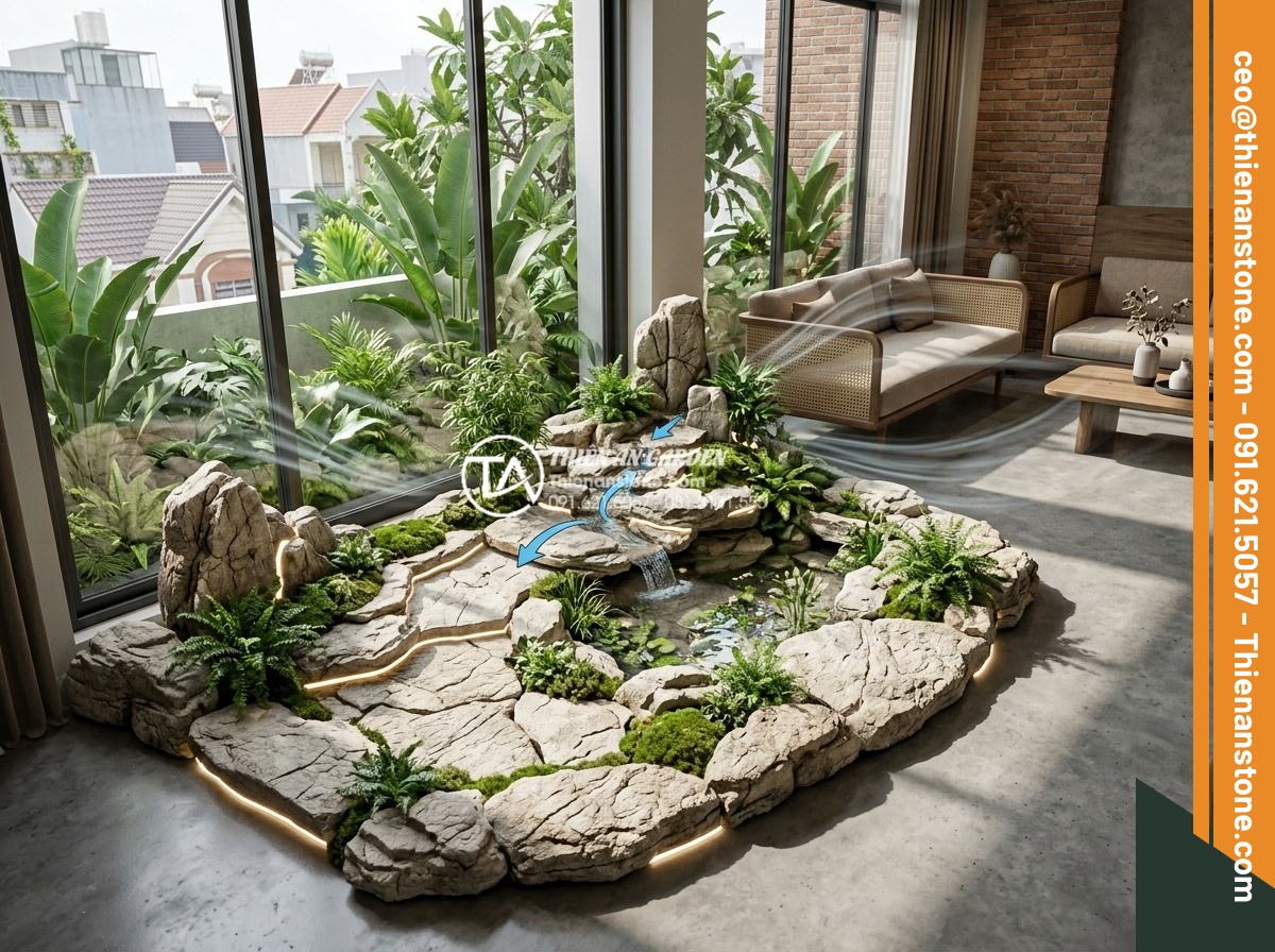 Tác dụng của tiểu cảnh đá tự nhiên trong việc điều hòa ion âm cho không gian nhà - Detailed 3D architectural visualization of perfectly designed natural stone mini