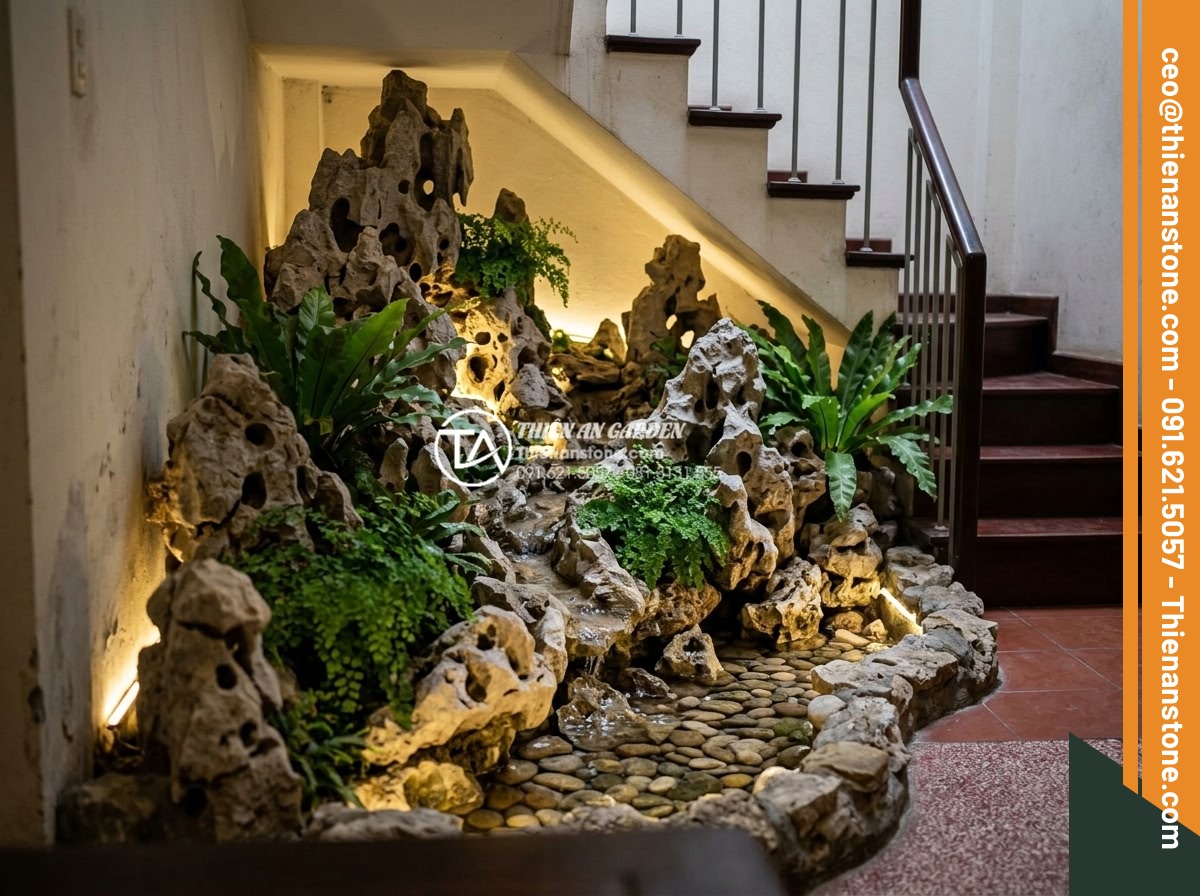Tác dụng của tiểu cảnh đá tự nhiên trong việc điều hòa ion âm cho không gian nhà - Stylish realistic photo of a narrow townhouse staircase area transformed into a 