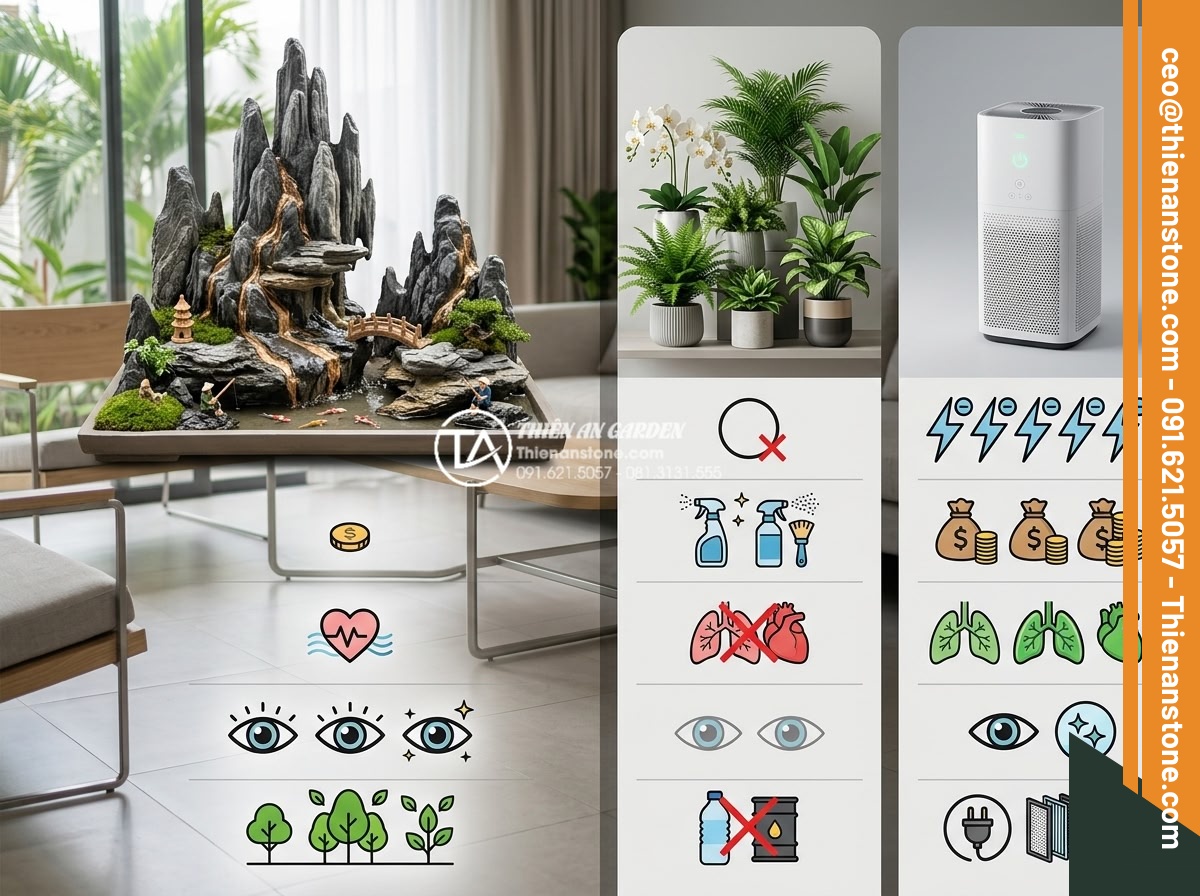 Tác dụng của tiểu cảnh đá tự nhiên trong việc điều hòa ion âm cho không gian nhà - Clean modern comparison infographic showing natural stone mini landscape versus 