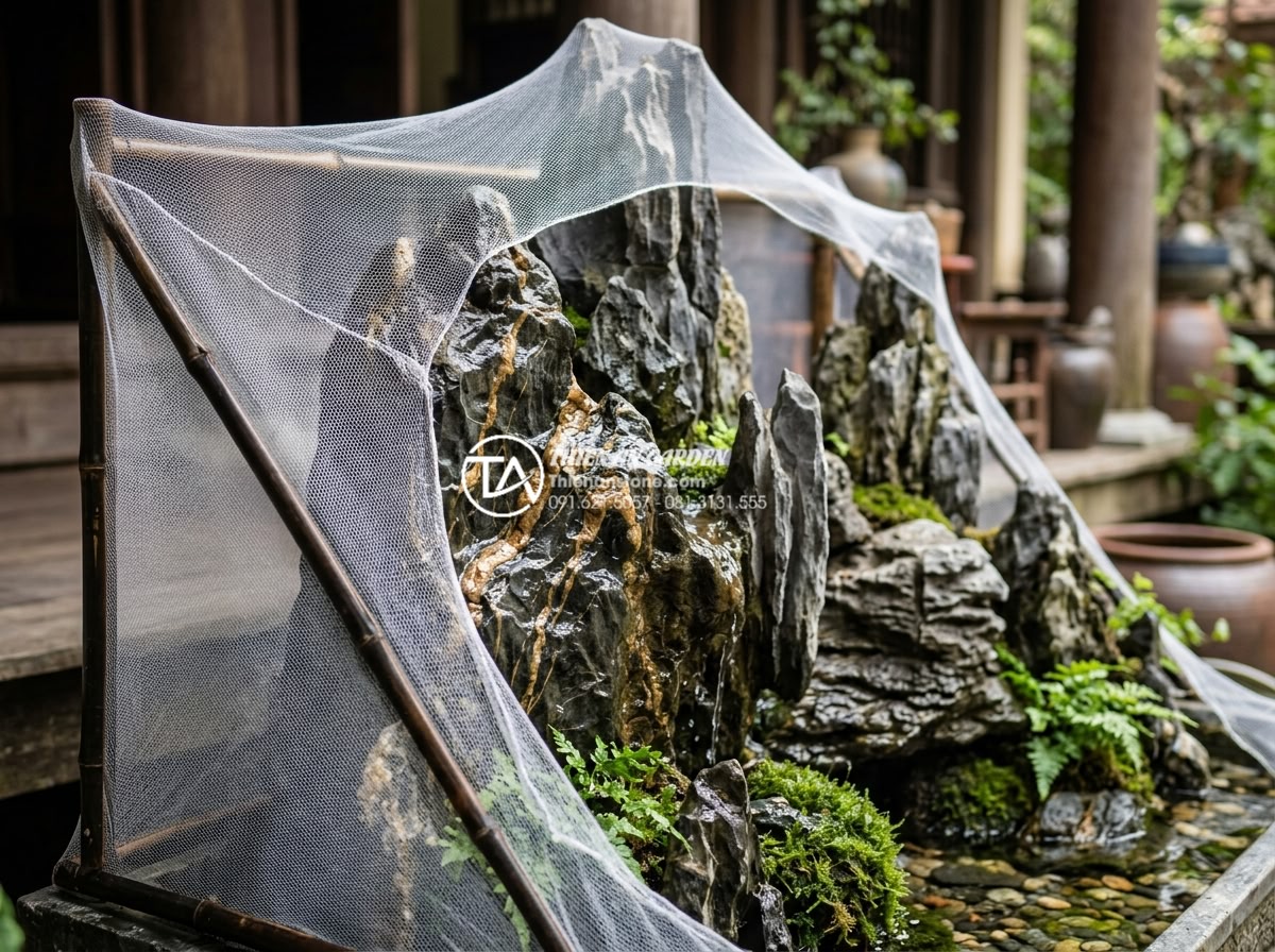 Tầm quan trọng của lớp lưới ngăn côn trùng khi thi công tiểu cảnh trong nhà - Close-up view of fine mesh insect netting installed around an indoor natural sto