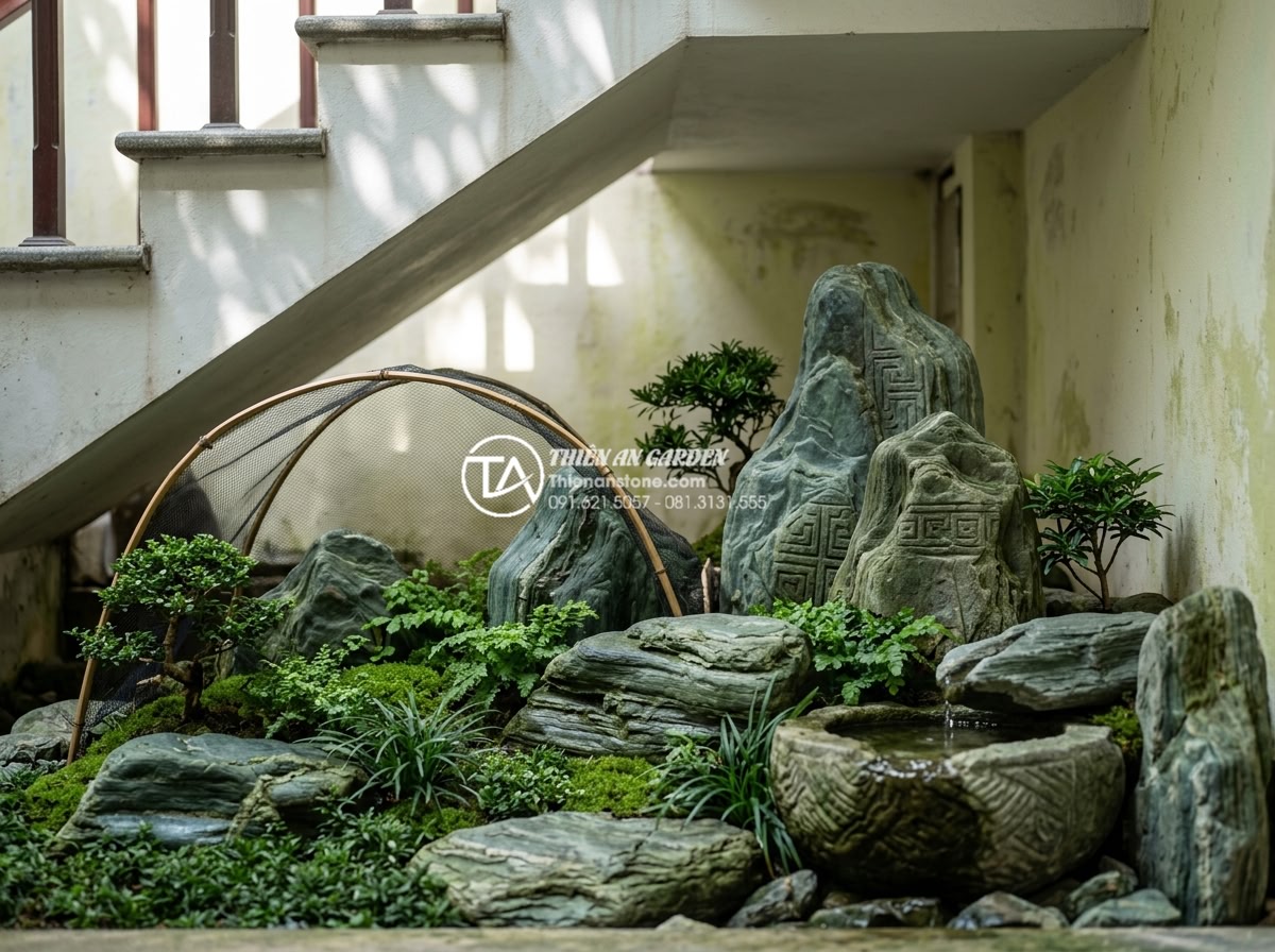 Tầm quan trọng của lớp lưới ngăn côn trùng khi thi công tiểu cảnh trong nhà - Elegant under-stair mini landscape featuring protective insect netting and carve