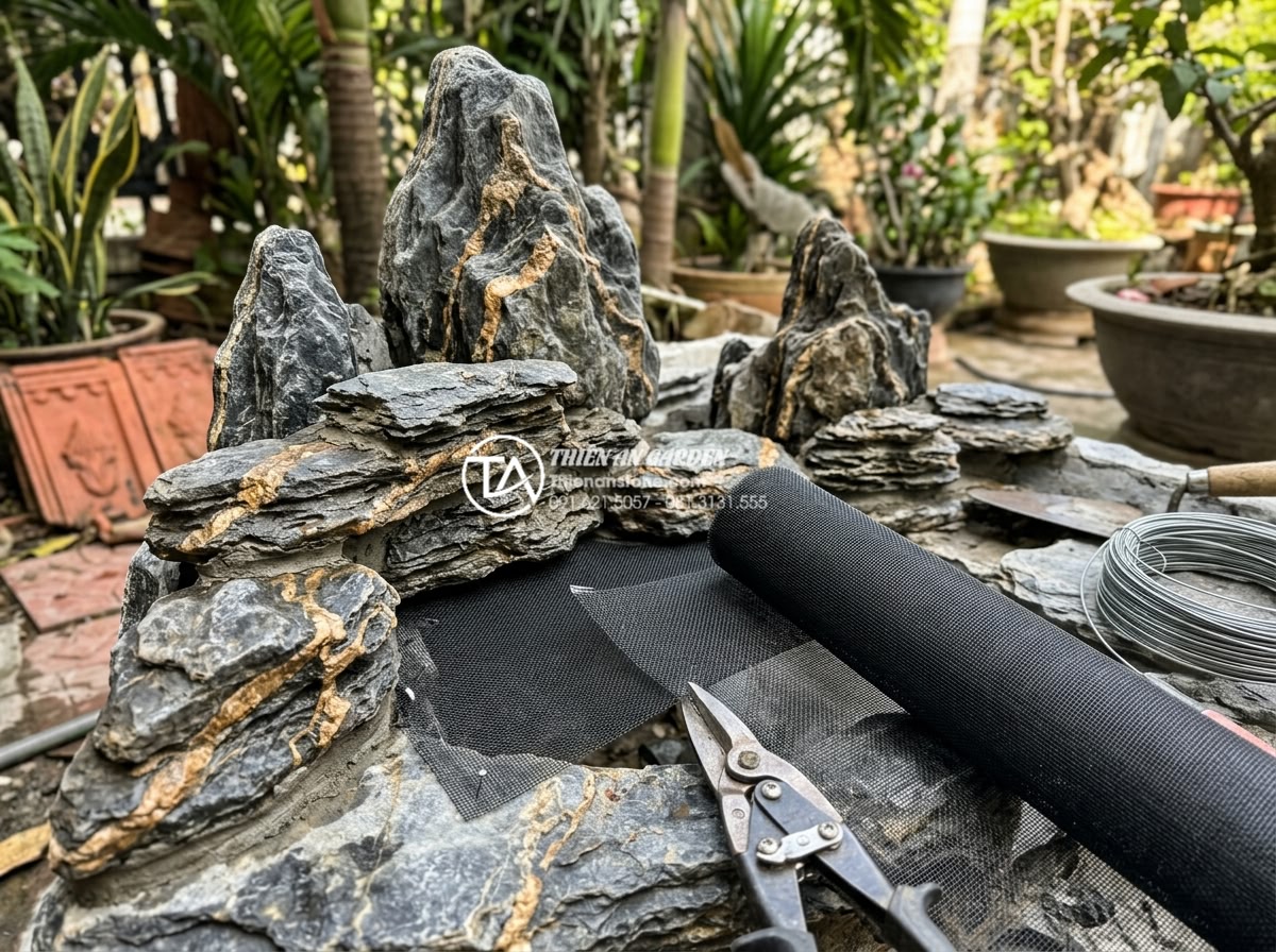 Tầm quan trọng của lớp lưới ngăn côn trùng khi thi công tiểu cảnh trong nhà - Professional team installing insect mesh during natural stone mini landscape con