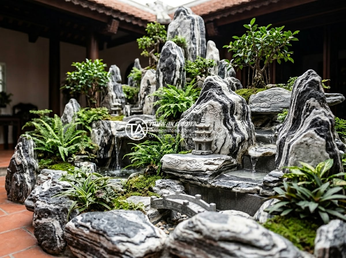 Tầm quan trọng của lớp lưới ngăn côn trùng khi thi công tiểu cảnh trong nhà - Completed construction of insect-proof indoor rockery with premium natural stone