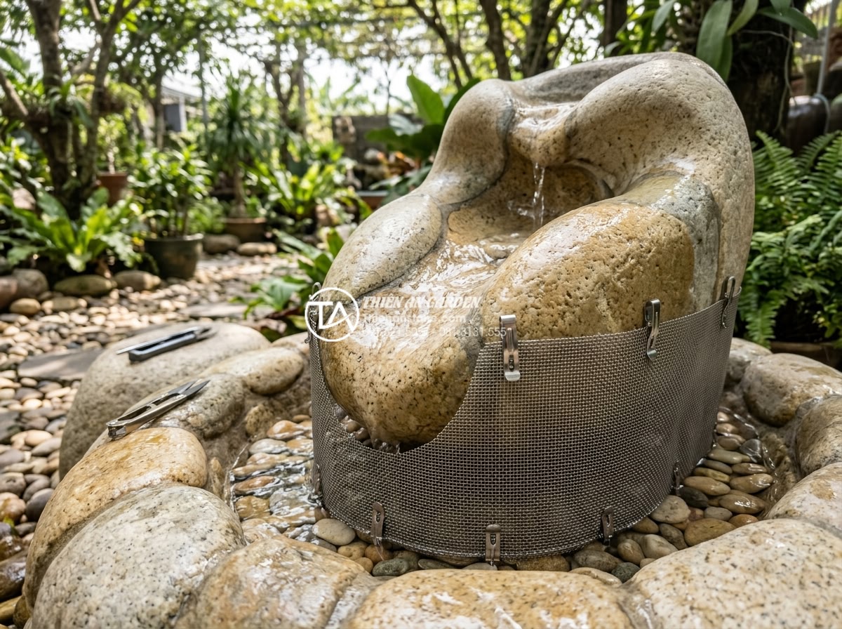 Tầm quan trọng của lớp lưới ngăn côn trùng khi thi công tiểu cảnh trong nhà - High resolution image of stainless steel insect mesh being professionally instal