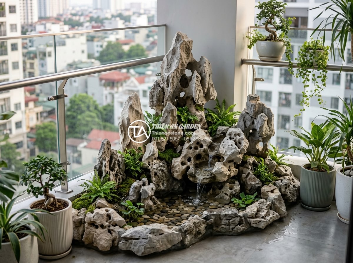 Tận dụng góc chết ban công để làm hòn non bộ mini bằng đá tự nhiên - Professional team from Da Canh Thien An installing a custom mini stone rockery o
