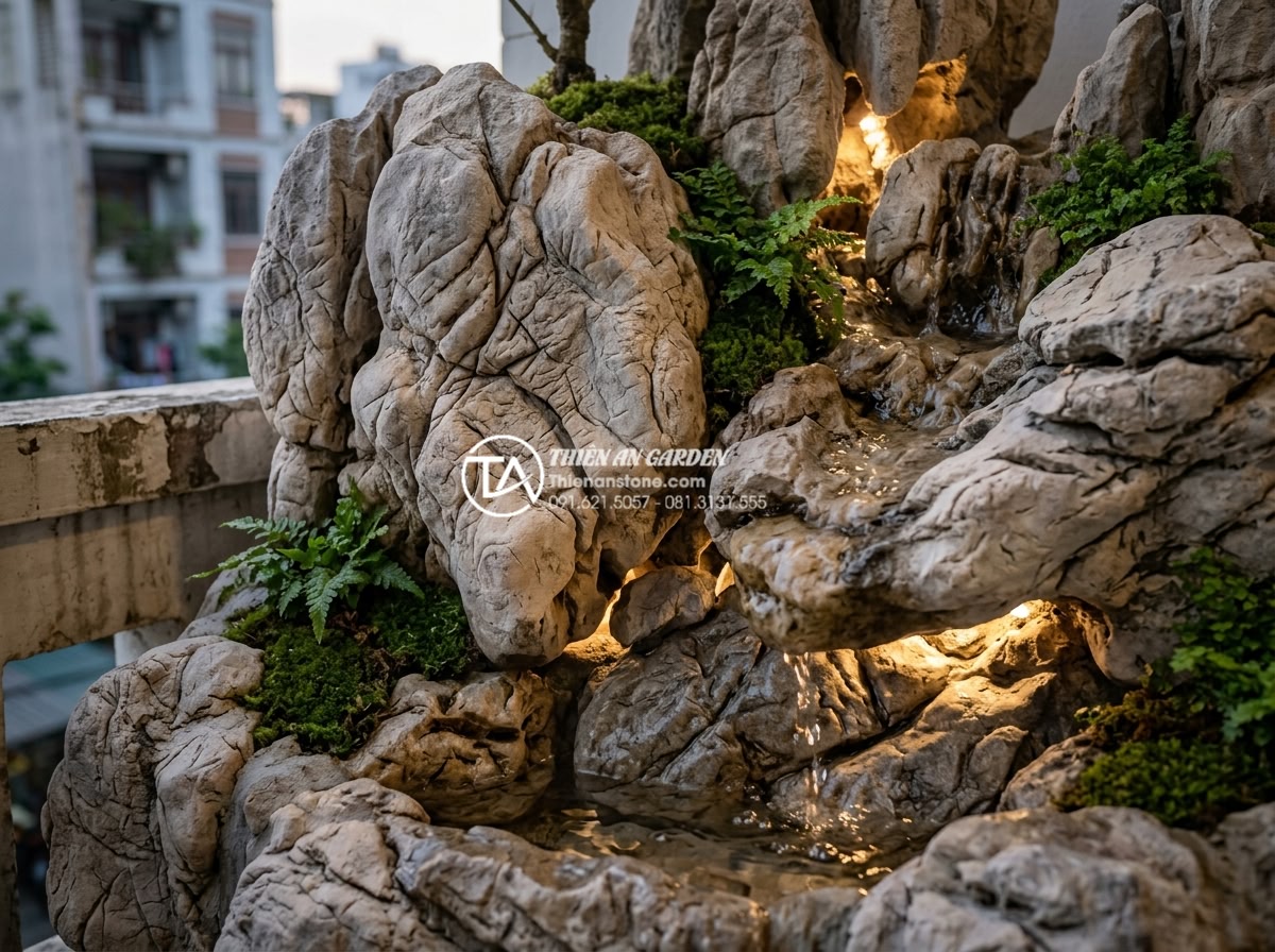 Tận dụng góc chết ban công để làm hòn non bộ mini bằng đá tự nhiên - Close-up of natural stone textures in a compact balcony mini rockery with flowin