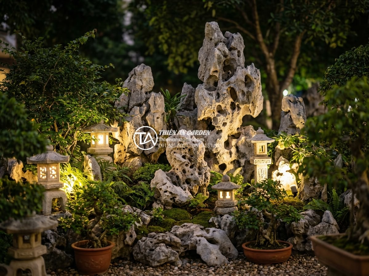 Thiết kế hệ thống đèn led trang trí tiểu cảnh góc sân vườn ban đêm - Realistic night photography of a Vietnamese garden corner featuring natural ston