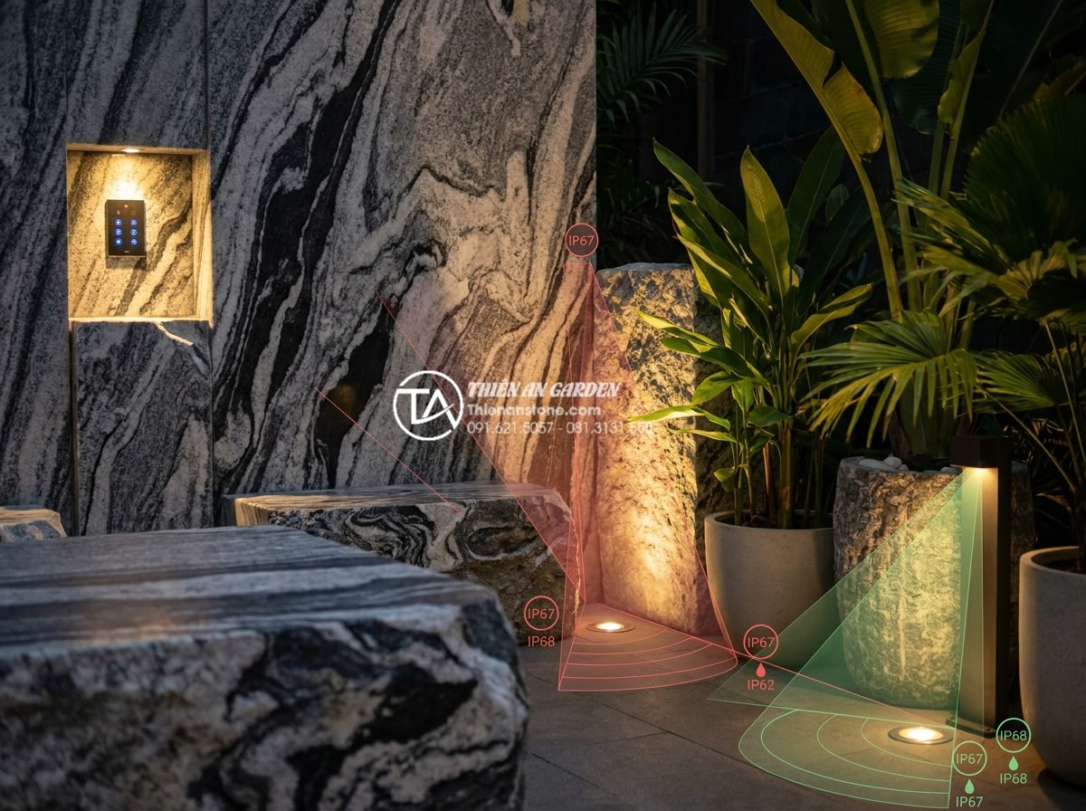 Thiết kế hệ thống đèn led trang trí tiểu cảnh góc sân vườn ban đêm - Hình 3 Thiết kế hệ thống đèn led trang trí tiểu cảnh góc sân vườn ban đêm - Technical diagram and realistic photo of LED garden lighting setup on natural st