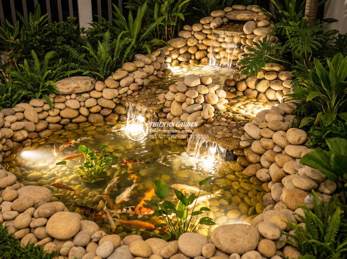 Thiết kế hệ thống đèn led trang trí tiểu cảnh góc sân vườn ban đêm - Hình 6 Thiết kế hệ thống đèn led trang trí tiểu cảnh góc sân vườn ban đêm - Stunning night scene of Vietnamese Koi pond and natural stone rockery illuminate
