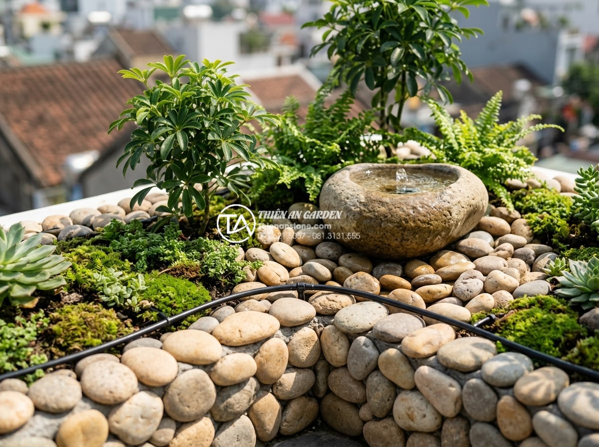 Thiết kế hệ thống tưới tự động cho tiểu cảnh sân thượng mini - Close-up professional photograph of an elegant mini rooftop garden with natural 