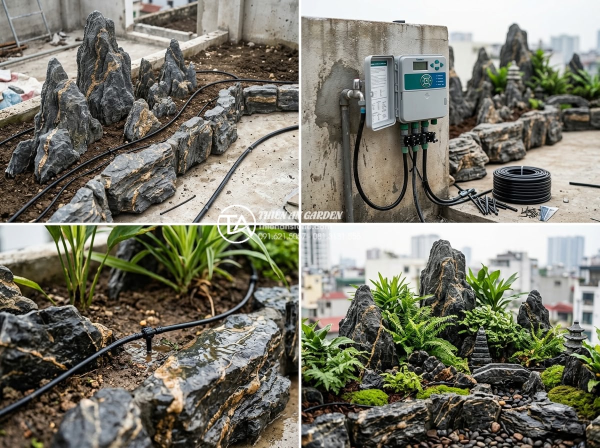 Thiết kế hệ thống tưới tự động cho tiểu cảnh sân thượng mini - Step-by-step construction photos of professional technicians installing automati