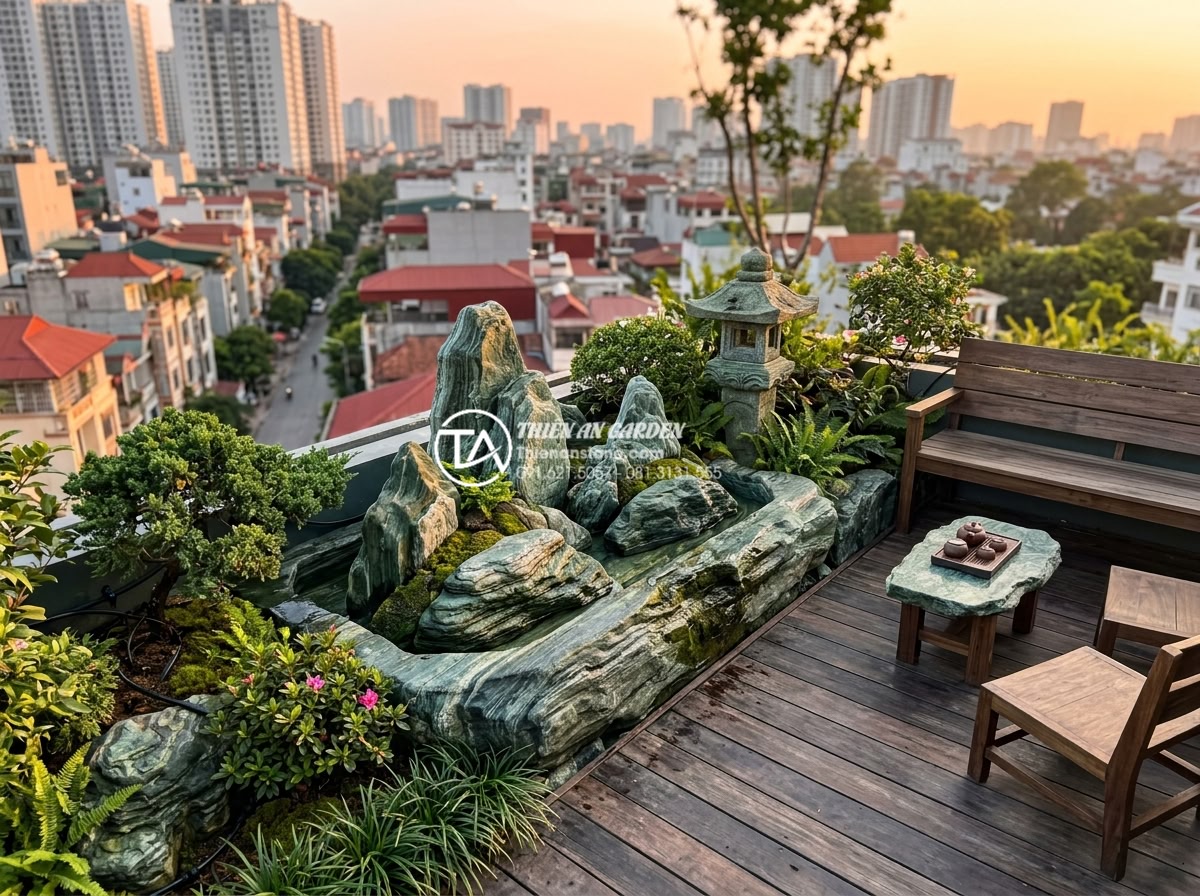 Thiết kế hệ thống tưới tự động cho tiểu cảnh sân thượng mini - Stunning completed mini rooftop landscape showcasing natural stone non-bo featur