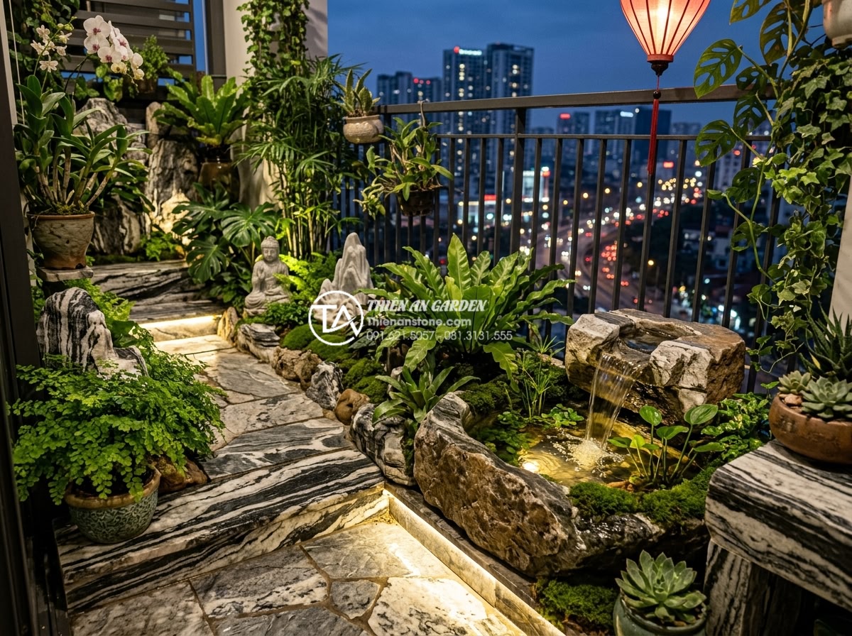 Thiết kế tiểu cảnh ban công chung cư: Giải pháp xanh cho không gian hiện đại - A modern apartment balcony transformed into a lush mini garden landscape using n
