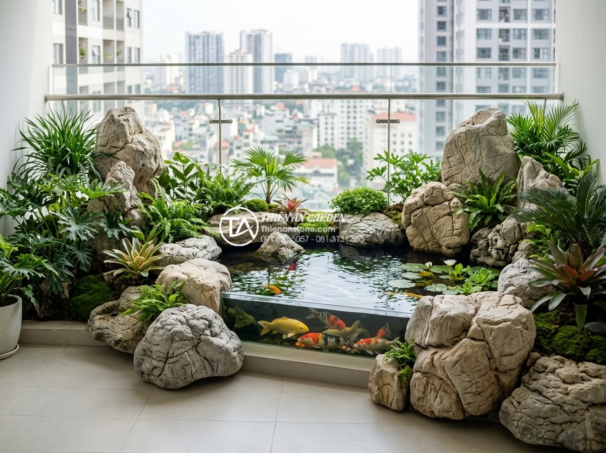 Thiết kế tiểu cảnh ban công chung cư: Giải pháp xanh cho không gian hiện đại - Hình 12 Thiết kế tiểu cảnh ban công chung cư: Giải pháp xanh cho không gian hiện đại - Completed professional installation of balcony garden with natural stones, koi p
