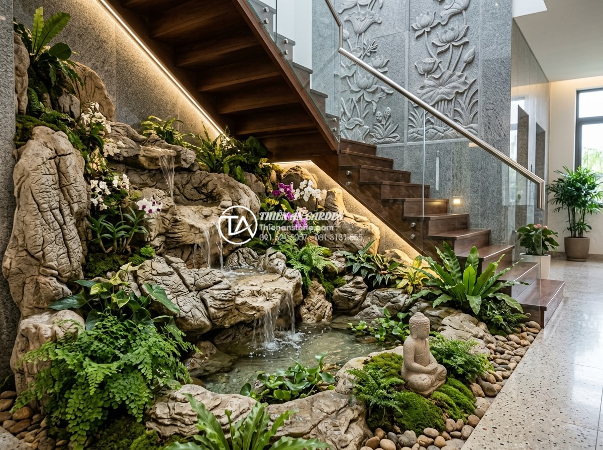 Thiết kế tiểu cảnh gầm cầu thang biệt thự: Nâng tầm đẳng cấp không gian sống - Photorealistic image of a luxurious under-stair mini landscape in a modern Vietn