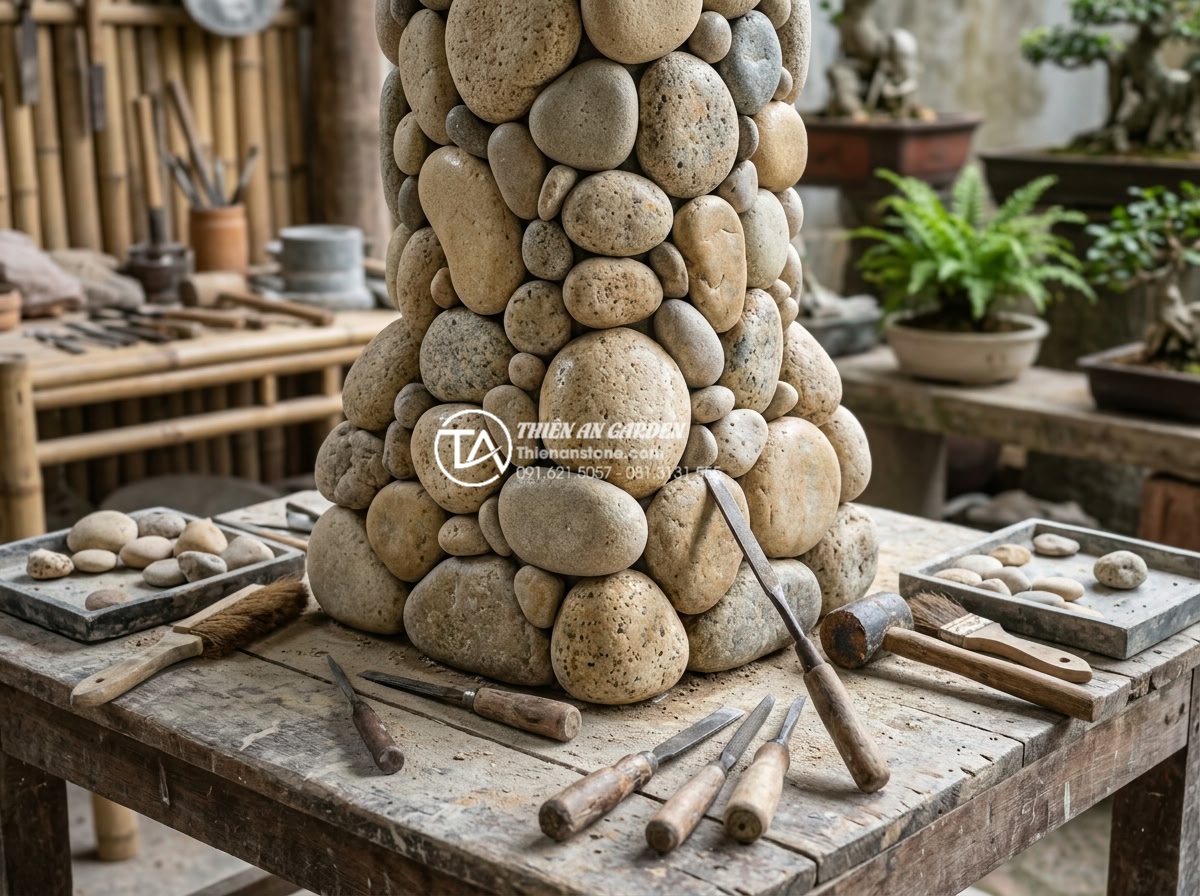 Thiết kế tiểu cảnh gầm cầu thang rộng: Biến góc chết thành vườn thượng uyển - Hình 4 Thiết kế tiểu cảnh gầm cầu thang rộng: Biến góc chết thành vườn thượng uyển - Close-up professional craftsmanship of natural stone carving for under-stair gar